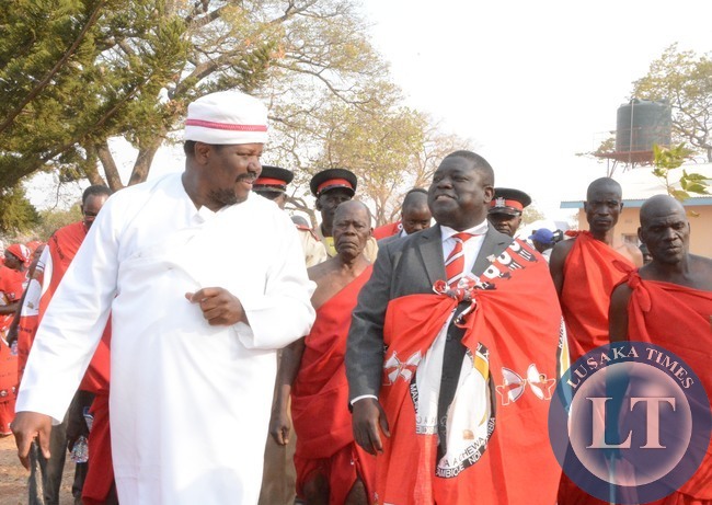 Paramount Chief Gawa Undi welcomes Works and Supply Minister Yamfywa Mukanga at his Palace during the Kulamba traditional ceremony of the Chewa people of Zambia,Malawi and Mozabique in Katete