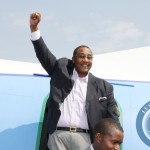GBM flashing the PF symbol on arrival in Solwezi to drum up support for PF Parliamentary candite Newton Malwa on September 10,2014 -Picture by THOMNAS NSAMA