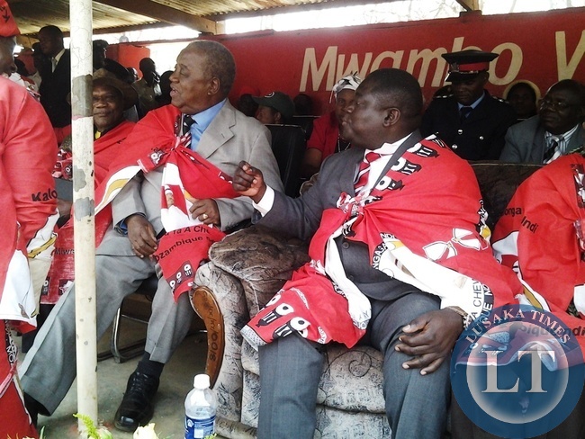 ormer President Rupiah Banda with Transport, Works, Supply and Communication Minister Yamfwa Mukanga during Kulamba traditional ceremony of the Chewa people in Katete