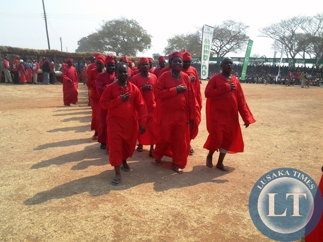 Chewa Chiefs from Malawi walking in the main arena during Kulamba traditional ceremony of the Chewa people