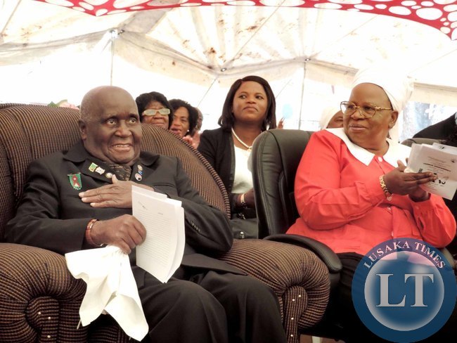 First Republican President Dr Kenneth Kaunda with Chief Justice Lombe Chibesakunda at the Trinity United Church of Zambia congregation fundraising Sunday service in Lusaka