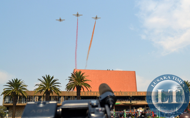 Zambia Air Force planes fly over Parliamnet building at the official opening