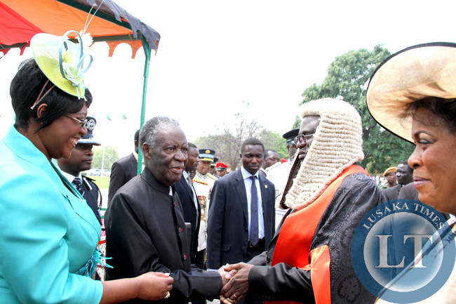 President Sata being welcomed by Speaker of the National Assembly Dr Patrick Matibini during the opening of parliament on September 19, 2014 -Picture by THOMAS NSAMA