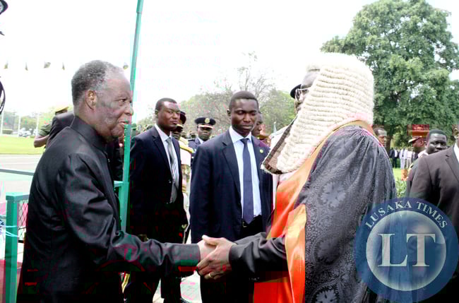 President Sata being welcomed by Speaker of the National Assembly Dr Patrick Matibini during the opening of parliament on September 19, 2014 -Picture by THOMAS NSAMA