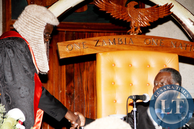 President Sata greets the Speaker of the National Assembly Dr Patrick Matibini during the opening of parliament on September 19, 2014 -Picture by THOMAS NSAMA