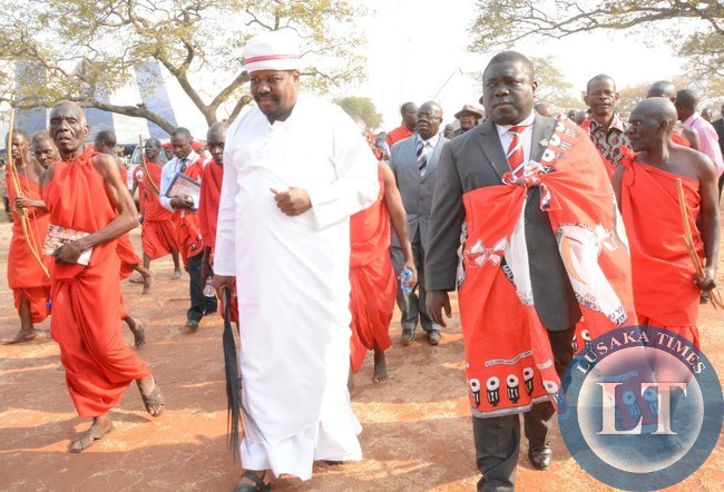 Paramount Chief Gawa Undi welcomes Works and Supply Minister Yamfywa Mukanga at his Palace during the Kulamba traditional ceremony of the Chewa people of Zambia,Malawi and Mozabique in Katete