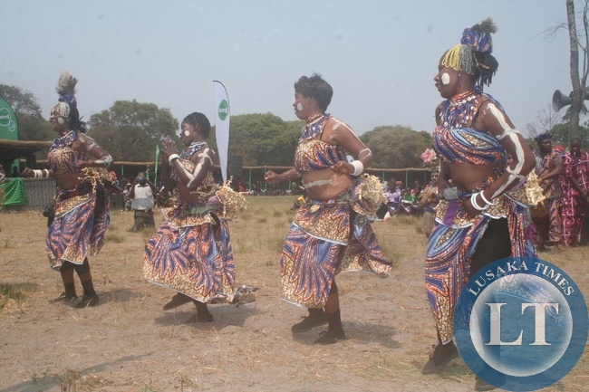 Lusaka based chota cha chokwe entertain the people with a climbing song locally known as Kutopoka dance during the Likumbi lya mize traditional ceremony of the Luvale people in Zambezi