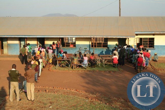 VOTERS line up to cast their vote at Maya Basic school in Kasenengwa constituency’s Chiparamba ward