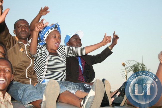 MMD’s Victoria Kalima, celebrates with her victory with party members after she was declared winner in the Kasenengwa by-election held in Chipata on Thursday