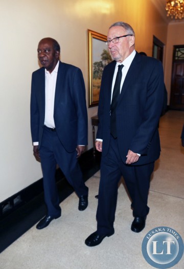 Dr Guy Scott with Mr Chikwanda at State house after a Special Cabinet Meeting he is Now acting President of Zambia and former Acting President Edgar Lungu has gracefully handed over the instruments of power to Vice President Dr. Guy Scott pursuant to the provisions of the Zambian constitution- Picture By Eddie Mwanaleza/Statehouse 29th October 2014.