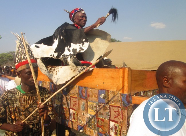 Senior Chief Chipepo Mukuni Ngombe of the Lenje Speaking People is hoisted in his Royal Hammock during the Kulamba Kubwalo Traditional Ceremony in Chibombo last Saturday Senior Chief Chipepo Mukuni Ngombe of the Lenje Speaking People is hoisted in his Royal Hammock during the Kulamba Kubwalo Traditional Ceremony in Chibombo last Saturday