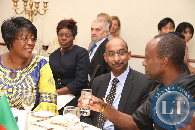 First Lady Dr Christine Sata with Lusaka Mayor Mulenga Sata, Indian High Commissioner to Zambia Gaddam Dharmendra, Tourism minister Jean Kapata and other diplomats during the Golden Jubilee Anniversary of Zambia's Independence and the 50th Anniversary of India -Zambia Diplomatic relations in Lusaka on October 18,2014 -Pictures by THOMAS NSAMA First Lady Dr Christine Sata with Lusaka Mayor Mulenga Sata, Indian High Commissioner to Zambia Gaddam Dharmendra, Tourism minister Jean Kapata and other diplomats during the Golden Jubilee Anniversary of Zambia's Independence and the 50th Anniversary of India -Zambia Diplomatic relations in Lusaka on October 18,2014 -Pictures by THOMAS NSAMA