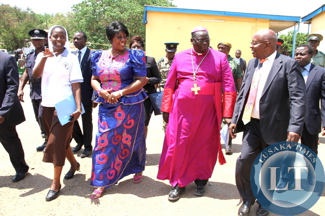 First Lady Dr Christine Kaseba flanked by Sister Juunza, Diocese of Monze Bishop Moses Hamungole and Southern Province minister Daniel Munkombwe during tour of Monze mission Hospital to mark the Golden Jubilee celebrations of the Hospital in Southern Province First Lady Dr Christine Kaseba flanked by Sister Juunza, Diocese of Monze Bishop Moses Hamungole and Southern Province minister Daniel Munkombwe during tour of Monze mission Hospital to mark the Golden Jubilee celebrations of the Hospital in Southern Province