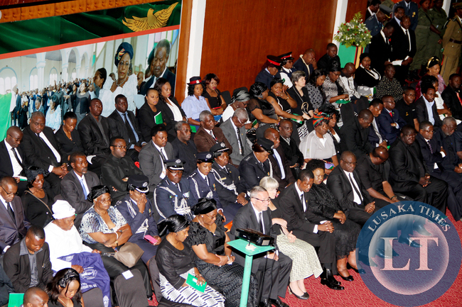 First Lady Dr Christine Kaseba, Acting president Dr Guy Scott, Family members , senior giovernment officials and Cabinet ministers during the Body viewing ceremony of President Sata at Mulungushi International Conference Centre on Nover 2,2014 -Picture by THOMAS NSAMA