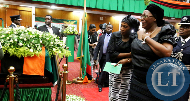 Dr Christine Kaseba Sata pays her last Respect to her late Husband President Sata at Mulungushi hall during the Body Viewing Ceremony - Picture by Eddie Mwanaleza/Statehouse 02-11-2014.