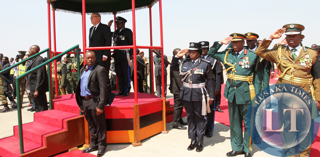 Dr Guy Scott takes Salutes at the Zambia army parade at Kk international airport