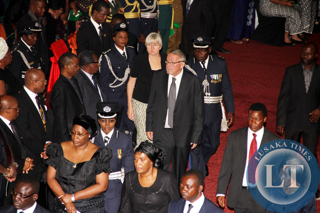 First Lady Dr Christine Kaseba, Acting President Dr Guy Scott with his wife Charlotte and PF secretary General Edgar Lungu during the Body viewing ceremony of President Sata at Mulungushi International Conference Centre -Picture by THOMAS NSAMA