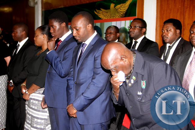 First Republican President Dr Kenneth Kaunda , President Sata's sons Mwango and Gerald with their Sister Chilufya Sata-Sichinga and President Sata's son in-law Chimwemwe Sichinga during a wreath laying ceremony at Mulungushi International Conference Centre on November 1,2014 -Picture by THOMAS NSAMA