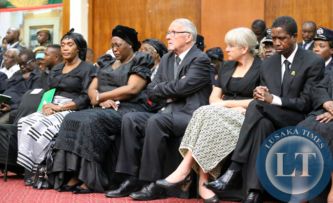 Dr Guy Scott Acting President with Dr Christine Kaseba Sata and SG Edgah Lungu before the Body Vewing Ceremony at Mulungushi Hall in Lusaka- Pictre by Eddie Mwanaleza/.