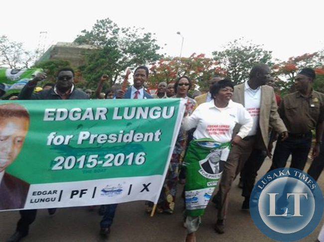Edgar Lungu and his supporters on their way to Cabinet office to file in his nomination papers