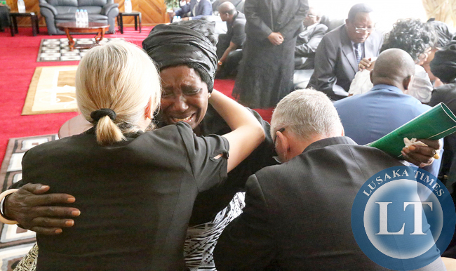 Inonge Wina Mourns with Dr Guy Scott and Madam Charlotte at Mulungushi Hall after Body vewing of the Late President Sata body - Picture by Eddie Mwanaleza