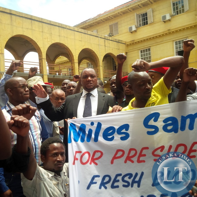 Miles Sampa surrounded by his supporters at Cabinet Office