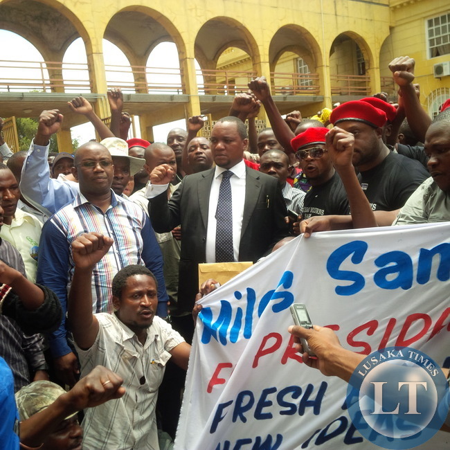 Miles Sampa with his supporters at Cabinet Office
