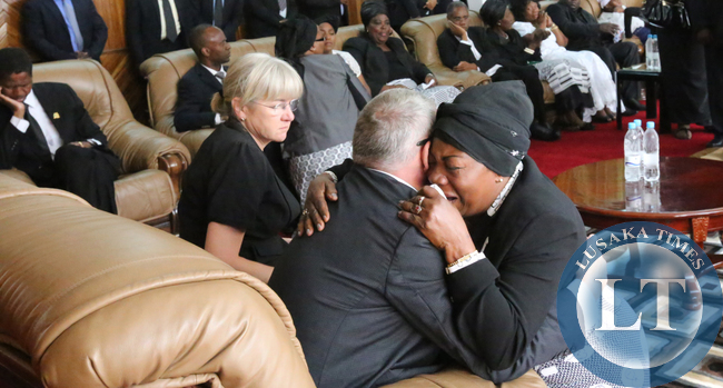 Susan Kawandami Mourns with Dr Guy Scott and Madam Charlotte at Mulungushi Hall after Body vewing of the Late President Sata body - Picture by Eddie Mwanaleza/Statehouse 02-11-2014.