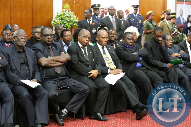 Some of the Ministers at Mulungushi Hall during the Body Viewing Ceremony of the late President. Picture by Eddie Mwanaleza/Statehouse 02-11-2014.