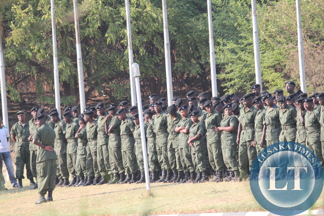 Police officers deployed to maintain order at the Mulungushi conference centre