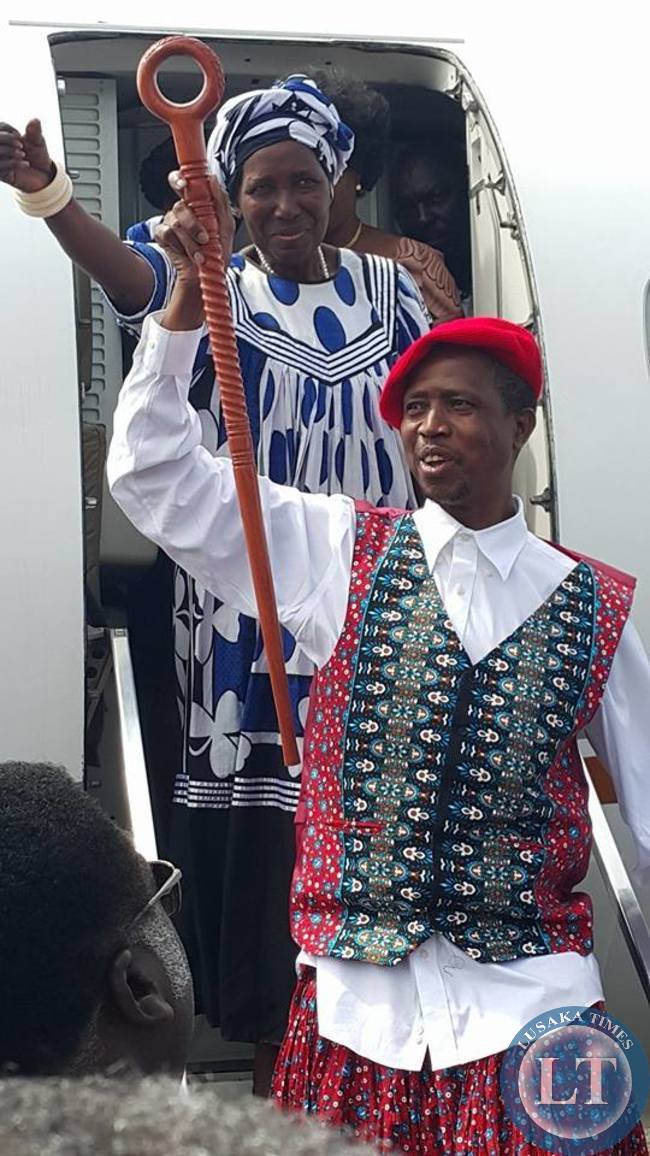Edgar Lungu on arrival in Mongu. Behind him is Inonge Wina