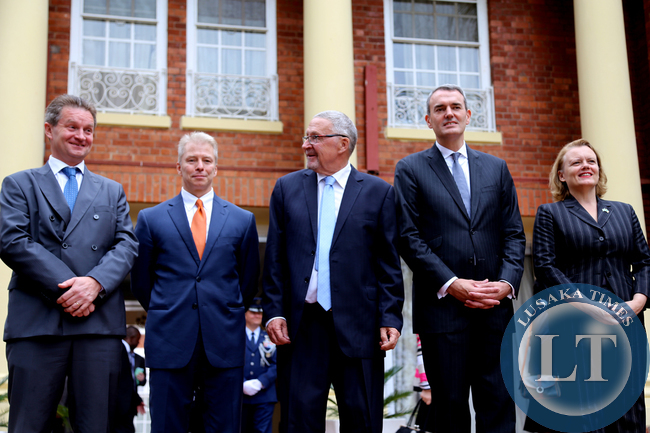 Acting President Dr Guy Scott with French Ambassador to Zambia Emmanuel Cohet (second from right) , US Ambassador to Zambia Eric Schultz (second from left) , Finnish Ambassador to Zambia Timo Olkkonen (l) and UN resident Coordinator Janet Rogan (r) after they presented Credentials to Dr Scott at State House on December 20,2014 -Picture by EDDIE MWANALEZA