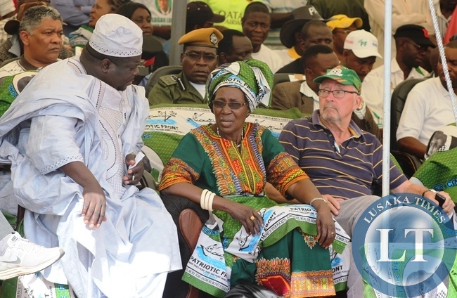 Sports Minister Chishimba Kambwili, Gender Minister Inonge Wina and Acting President Guy Scott during a campaign rally in Kabwe