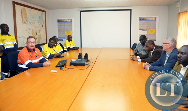 Dr Guy Scott delegation meets at Lumwana Mine with Mr Bill MacNevin General Manager and Mr Mr Brain Grebech Global Copper Business oparation director Africa and MiddleEast at Lumwana mine in Solwezi on Saturday Picture By Eddie Mwanaleza.