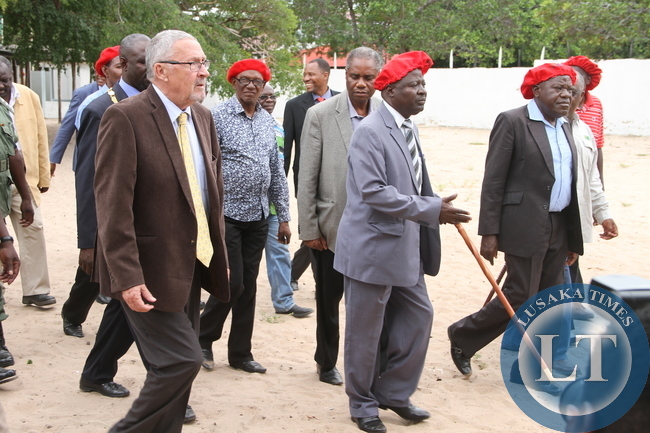 Acting President Dr Guy Scott with his wife Charlotte, Induna Inete and Mongu Central member of Parliament Nathaniel Mubukwanu leaves after a meeting with Induna's at Limulunga in Mongu . Dr Scott was in Western Province