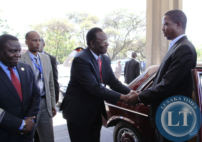 President Edgar Lungu is welcomed by Health Minister Dr Joseph Kasonde on arrival at Hilton Hotel in Addis Ababa,Ethiopia.