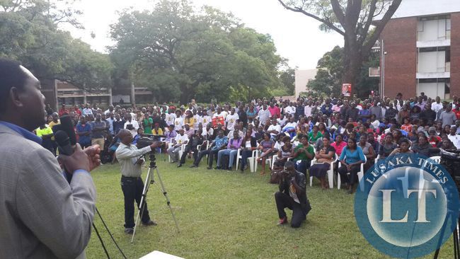 Students at Ridgeway campus listen to UPNd president Hakainde Hichilema