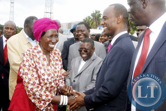 Acting President Inonge Wina greets Lusaka Mayor Mulenga Sata after seeing- off President Lungu at Kenneth Kaunda International Airport who left for Addis Ababa, Ethiopia for the African Union Summit on January 29,2015 -Picture by THOMAS NSAMA