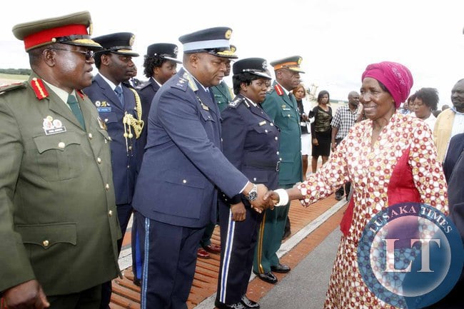 Acting President Inonge Wina greets service Chiefs after seeing- off President Lungu at Kenneth Kaunda International Airport who left for Addis Ababa, Ethiopia for the African Union Summit on January 29,2015 -Picture by THOMAS NSAMA