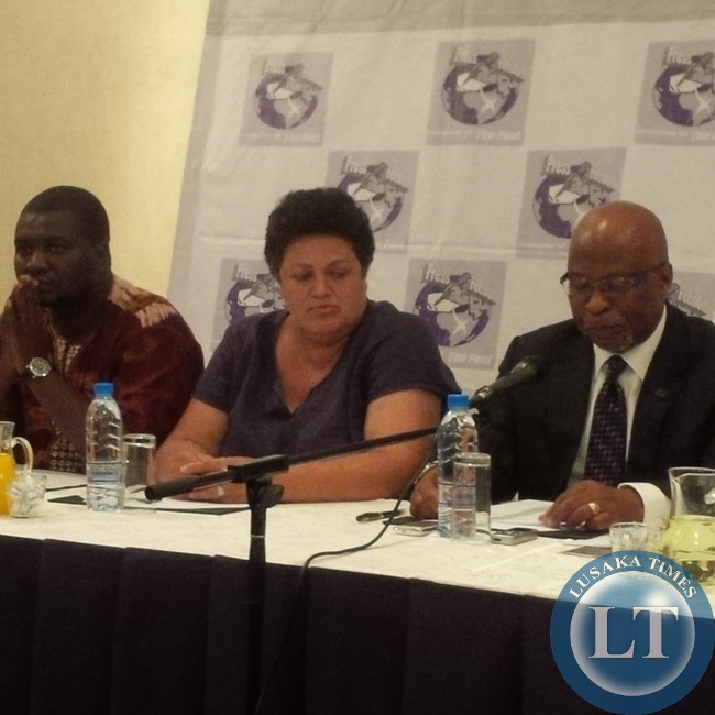 MMD President Nevers Mumba at the Newsmakers Forum flanked by Deputy National Secretary Winnie Zaoloumis and Director-Communications Rapheal Nakacinda