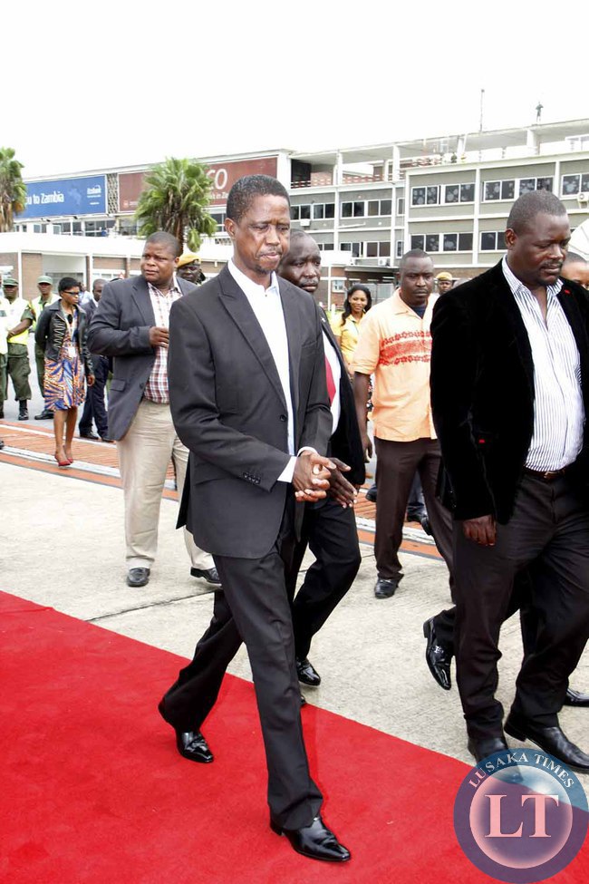 President Edgar Lungu on arrival at Kenneth Kaunda International Airport shortly before departure to Addis Ababa, Ethiopia for the African Union Summit on January 29,2015 -Picture by THOMAS NSAMA