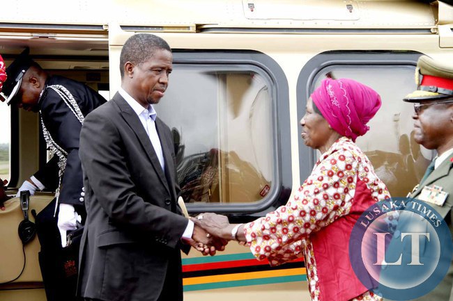 President Edgar Lungu bids farewell to Acting President Inonge Wina on arrival at Kenneth Kaunda International Airport shortly before departure to Addis Ababa, Ethiopia for the African Union Summit on January 29,2015 -Picture by THOMAS NSAMA