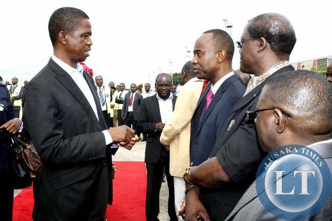 President Edgar Lungu with Lusaka Mayor Mulenga Sata and Justice minister Ngosa Simbyakula at Kenneth Kaunda International Airport shortly before departure to Addis Ababa, Ethiopia for the African Union Summit on January 29,2015 -Picture by THOMAS NSAMA
