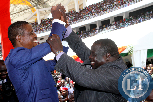 President Edgar Lungu with Sports minister Chishimba Kambwili during his Inauguration Ceremony at Heroes Stadium in Lusaka on January 24,2015 -Picture by THOMAS NSAMA