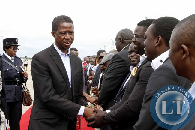 President Edgar Lungu greets greets PF officials at Kenneth Kaunda International Airport shortly before departure to Addis Ababa, Ethiopia for the African Union Summit on January 29,2015 -Picture by THOMAS NSAMA