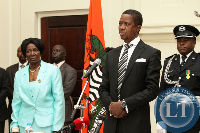 President Edgah Lungu with Vice President Mrs Inonge Wina at Statehouse Swearing in ceremony on wednesday 28-01-20-25.Picture by Eddie Mwanaleza.
