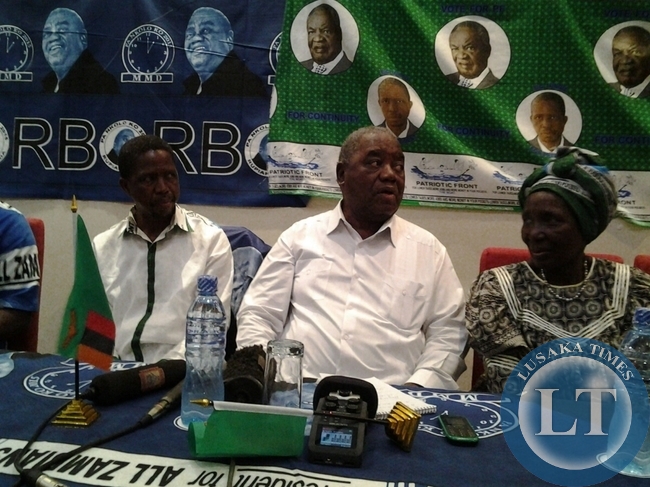 Patriotic Front candidate,Edgar Lungu,former republican president Rupiah Banda and PF National Chairperson Inonge Wina during a media briefing in Chipata