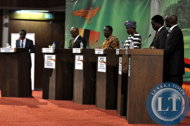 The five presidential cadidates during the live radio and television debate at Mulungushi International Conference centre