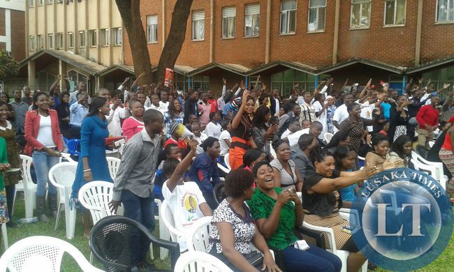 Students at Ridgeway campus listen to UPNd president Hakainde Hichilema