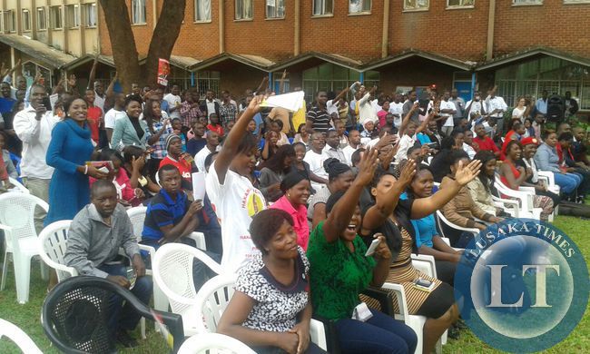 Students at Ridgeway campus listen to UPNd president Hakainde Hichilema
